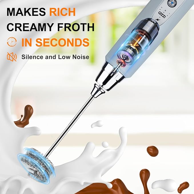 YUSWKO Handheld Milk Frother for Coffee, Rechargeable Drink Mixer with 3 Heads 3 Speeds Electric Whisk Coffee Frother For Latte, Cappuccino, Hot Chocolate, Egg - Cement Gray