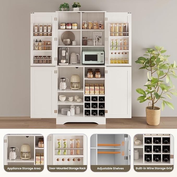 71" Tall Kitchen Pantry, Farmhouse Storage Cabinet with Doors, Shelves, Rustic Wood Cupboard, Built-in Wine Storage Grid & 6 Door Shelves for Kitchen, Dining Room, White