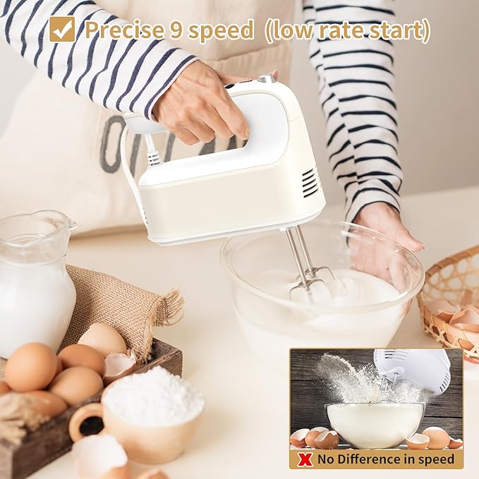 9-Speed Digital Hand Mixer Electric, 400W Powerful DC Motor, Baking Mixer Handheld with Snap-On Storage Case, 5 Stainless Steel Accessories, Flat Beaters, Dough Hooks, Whisk (Cream White)