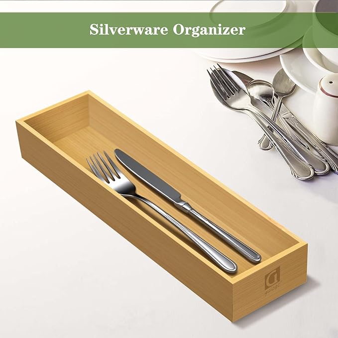 Silverware Drawer Organizer, Utensil Organizer, Bamboo Storage Box Wood Tray for Drawer Set of 2