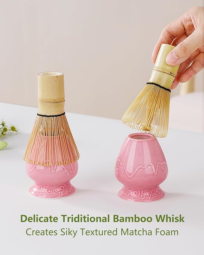 ZENS Pink Matcha Set, Matcha Whisk Set Includes 15oz Ceramic Bowl & (Chasen Holder), Bamboo Whisk & Scoop, Sifter and Pink Tea Towel, 6pcs Matcha Kit for Matcha Lovers