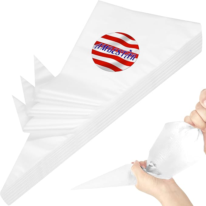 22 inch Large Piping Bags, AMBESTAR 200 Pcs Big Tipless Clear Plastic Disposable Pastry Bags for Frosting Decorating Cake Cupcake Cookie, Pro Long Thick Pastry Bag Essential Baking Tools