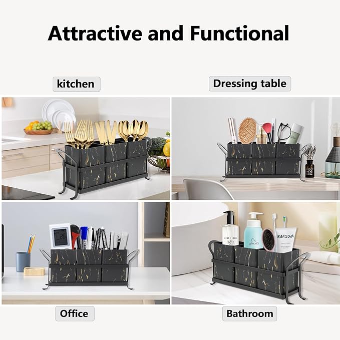 Kitchen Utensil holder for Countertop, Silverware Caddy,Golden Marble Black Flatware Holder Utensil Cutlery Organizer for Party Gatherings, Metal and Durable Design