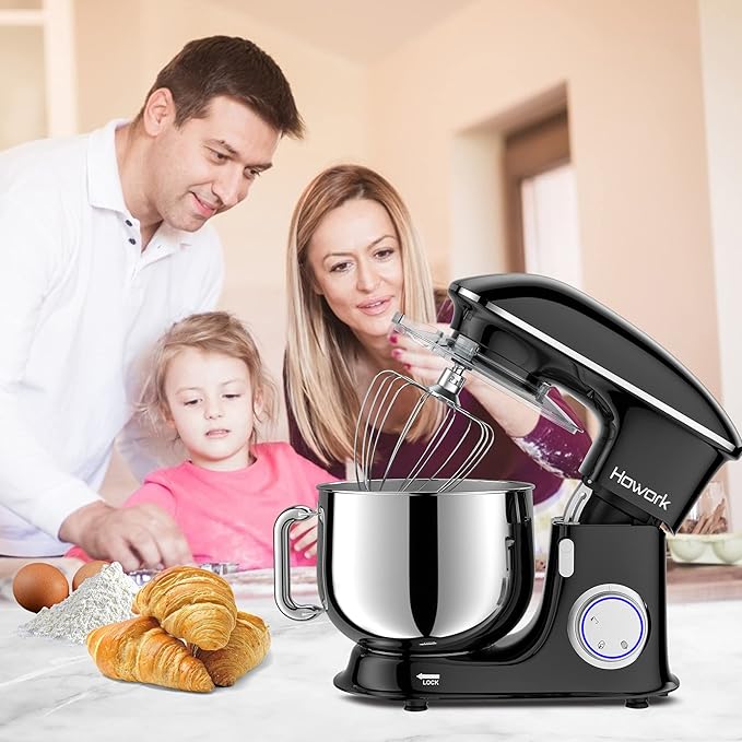 HOWORK 8.5QT Stand Mixer, 660W 6+P Speed Tilt-Head, Electric Kitchen Mixer With Dishwasher-Safe Dough Hook, Beater, Wire Whip & Pouring Shield (8.5 QT, Black)