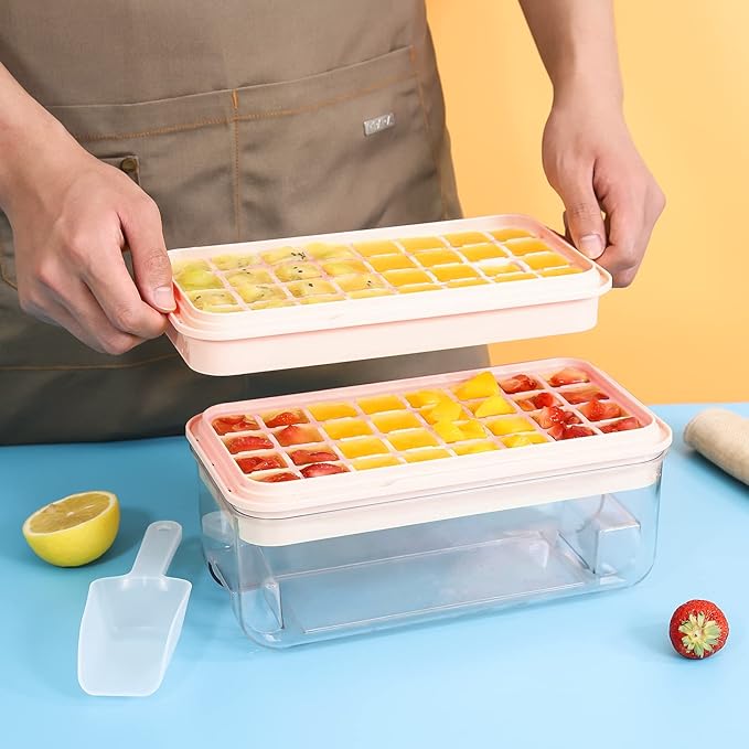 PHINOX Ice Cube Tray with Lid and Bin, Ice Trays for Freezer, Flexible Ice Cube Trays, Making 64 pcs Ice Cubes, Chilling Cocktail, Whiskey, Coffee, with 2 trays, Ice Container, Scoop&Cover, BPA Free