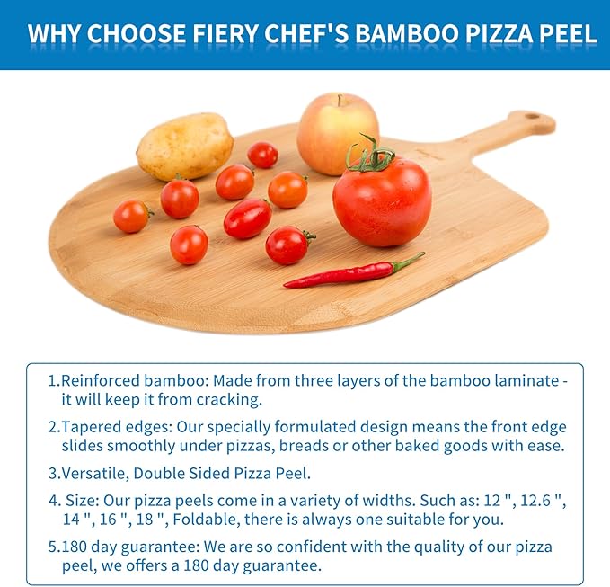 12.6” Bamboo Pizza Peel - Lightweight Smooth Wooden Pizza Paddle and Pizza Cutting Board with 8 Slice Grooves, Outdoor Pizza Oven Accessories, 19.7 Inch x 12.6 Inch