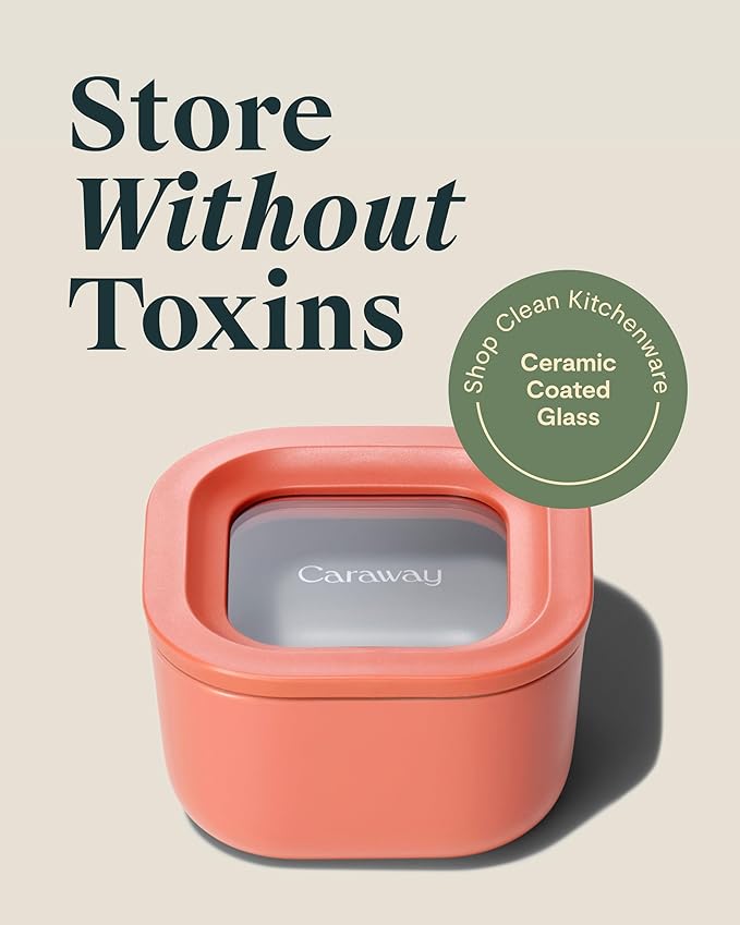 Caraway Mini Square Food Storage Container - 1.75 Cup Glass Storage Container for Food - Non-Toxic Ceramic-Coated Glass - Air Release Technology - Compact & Stackable Design - Perracotta