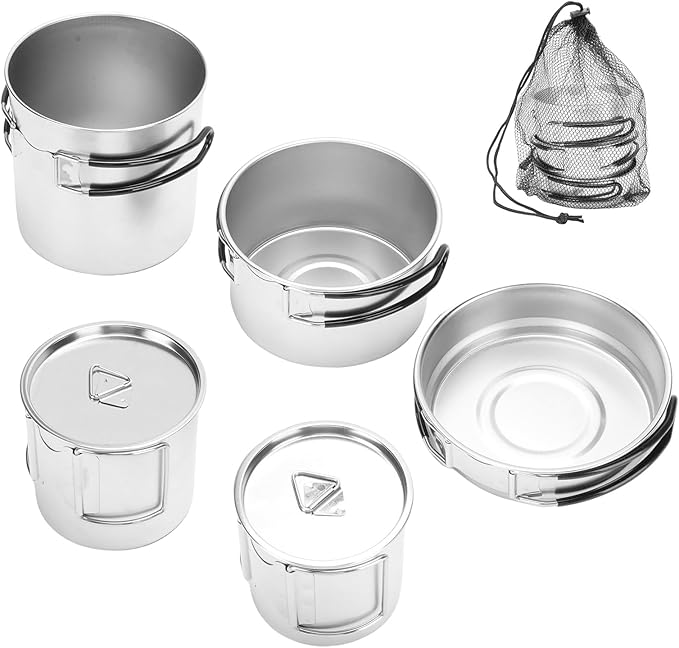 5PCS Stainless Steel Camping Cooking Set Cookware Mess Kit Cook Pots and Pan Set with Cups & Storage Bag, Lightweight Camping Cookware for Hiking Backpacking Outdoor Cooking and