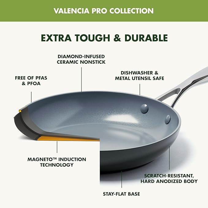 GreenPan 11 Piece Valencia Pro Ceramic Nonstick Cookware Set, PFAS-Free, Induction Ready, Hard Anodized Pots & Pans with Lids, Compatible on All Cooktops, Dishwasher & Oven Safe, Gray