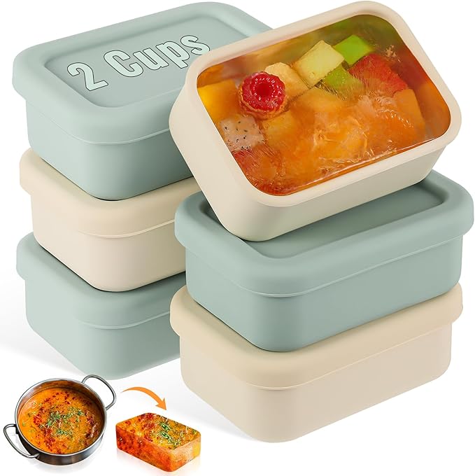 6 Packs 2 Cup Silicone Soup Freezer Molds with Lid Silicone Soup Freezer Trays Rectangle Reusable Food Preserving Tray Freezing Sauces Stews(Sage Green, Beige)