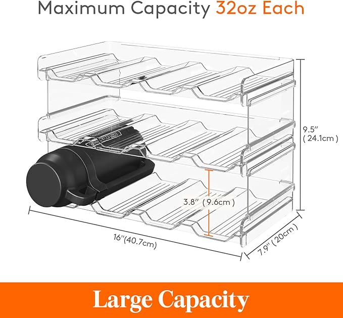 Lifewit Stackable Water Bottle Organizer for Cabinet, Plastic Bottle Holder Fits Bottles & Tumblers up to 3.8" Diameter, Pantry, Countertop & Fridge, 3 Tier Holds 12 Bottles