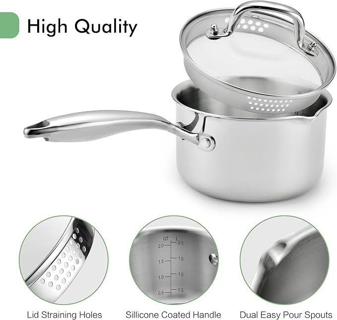 3.5 Quart Stainless Steel Pot Saucepan with Glass Strainer Lid, Sauce Pot with Two Side Spouts, Induction Cooking Pot, Multipurpose Sauce Pan with Lid for Cooking(Tri-Ply Full Body)