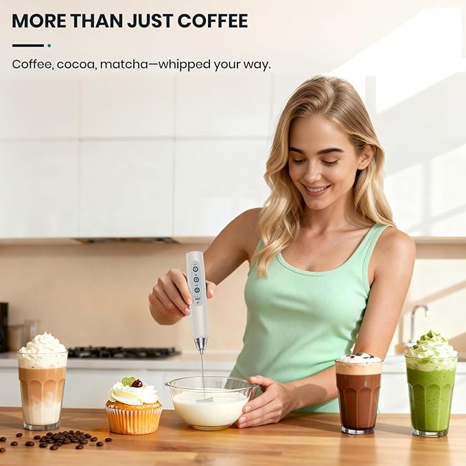 Milk Frother Handheld Rechargeable, Frother Wand Drink Mixer Electric Whisk for Coffee, Detachable With 3 Stainless Whisks, Hand Mixer for Lattes, Cappuccino, Matcha, Egg, No Stand, Beige