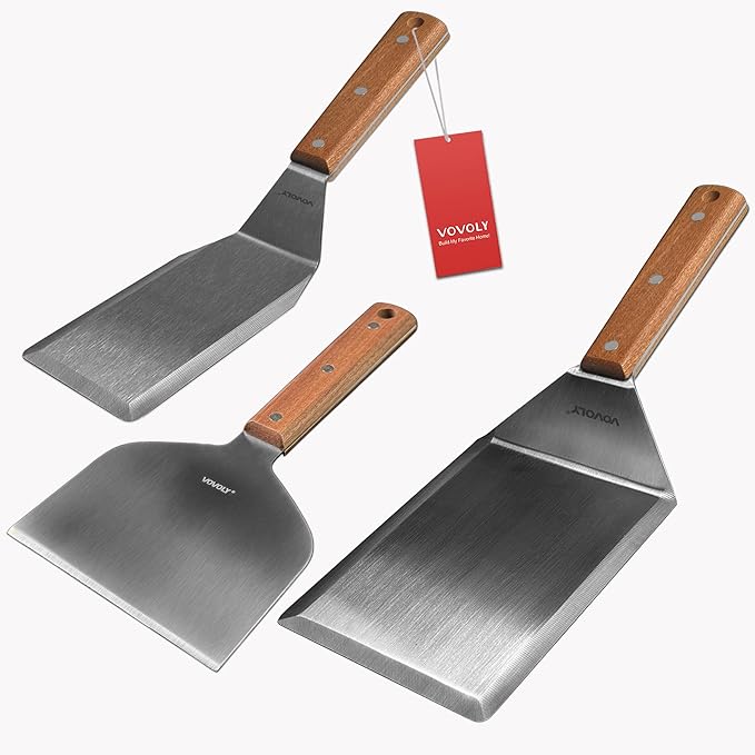 Stainless Steel Metal Spatula Set For Griddle, Grill Spatula Scraper for BBQ/Flat Top Grill- Full Tang Handle -Thicked Blade- Beveled Edges, Great Griddle Accessories for Pancake/Smash Burgers