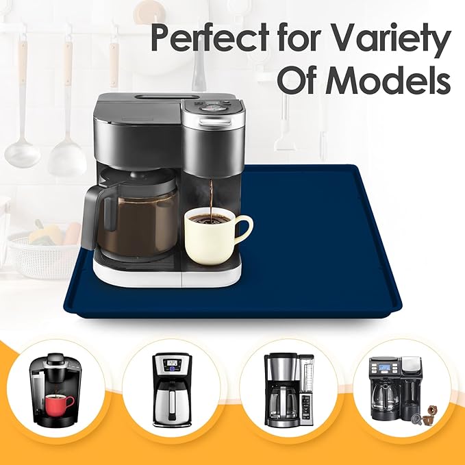 TOHONFOO Silicone Coffee Maker Mat with Lip, 19.7'' x 15'' Heavy Duty Coffee Maker Mat for Countertops, Coffee Tray Fit Under Coffee Machine Appliance Automatic Machines Espresso Accessory, Navy Blue