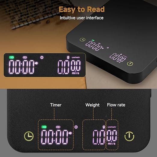 Mini Coffee Scale with Timer, 3kg/0.1g Espresso Scale Rechargeable with Flow Rate Display, Portable Digital Coffee Scale with Multiple Mode Timer for Espresso, Pour-Over, French Press