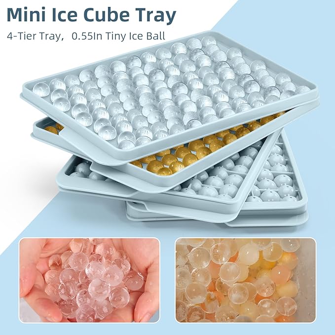 WIBIMEN Mini Ice Cube Trays, Small Tiny Round Pebble Crushed Nugget Ice Trays for Freezer with Lid - Chilling Drinks Coffee Juice(4 Pack/0.55In - Blue)