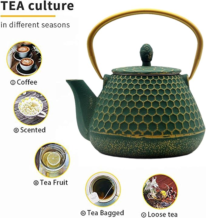 YJX Cast Iron Teapot and Tea Cups Set, 33.8oz Hexagon Pattern Tea Set with Cups and Cup Mats, Enameled Tea Kettle for Stovetop, Durable Tea Pot Set with Stainless Steel Infuser for Loose Leaf