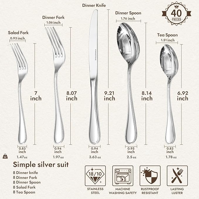 KINGSTONE 40 Piece Teardrop Silverware Set for 8, 18/10 Stainless Steel Flatware Set, Modern Design Cutlery Set for Home/Hotel/Wedding,Mirror Polished and Dishwasher Safe