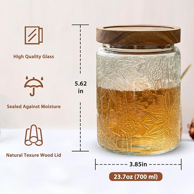 24 OZ/2 PCS Glass Storage Jar with Airtight Bamboo Wooden Lids, Vintage Food Containers Canisters Sets for Kitchen Counter Pantry, Sugar, Flour, Candy, Tea, Coffee Beans, Oats, Grain Bin, Pasta,