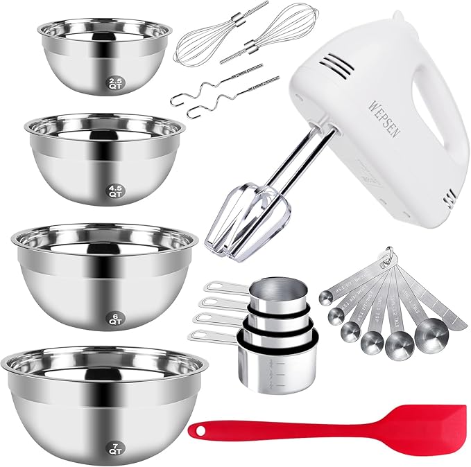 5-Speed Electric Hand Mixer, 4 Large Mixing Bowls Set, Handheld Mixers with Whisks Beater, Stainless Steel Metal Nesting Bowl Measuring Cups Spoons Kitchen Cake Blender for Baking Supplies