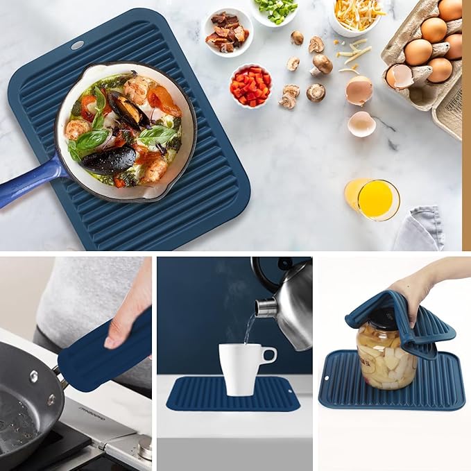 Silicone Mats for Kitchen Counter, 9x12'' Trivets for Hot Pots and Pans, Navy Blue Silicone Trivets for Hot Dishes, Protect Table Quartz Countertops, Indigo
