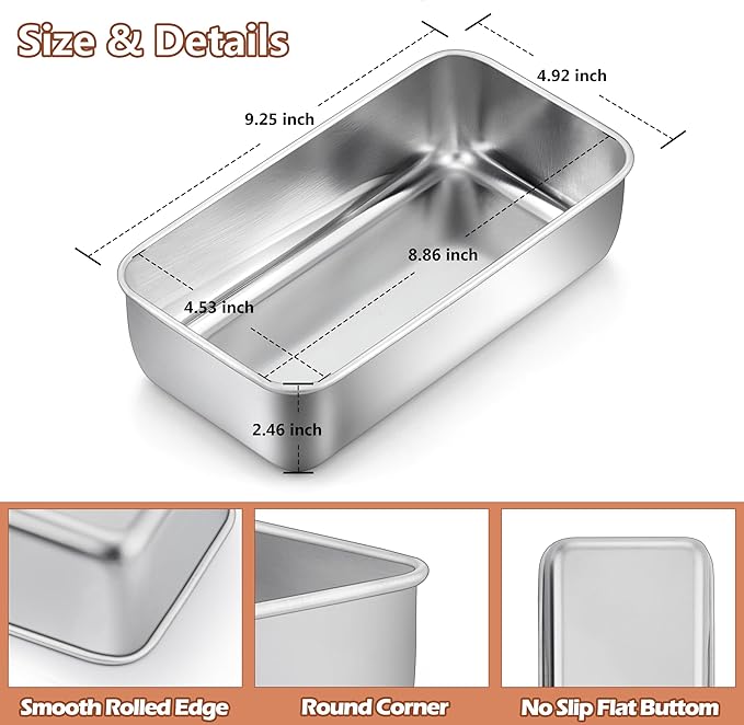 LIANYU Stainless Steel Loaf Pan 9” x 5”, Heavy Duty Bread Pan for Baking, Metal Bakeware for Meatloaf, Brownies, Lasagnas, Healthy & Non Toxic, Dishwasher & Oven Safe