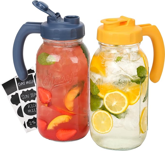 Soligt Glass Mason Jar Pitcher with Lid, Wide Mouth Flip Cap Pour Spout Leak-proof Lid with Handle, 64 oz (2 Quart / 1.9 Liter), Navy and Yellow
