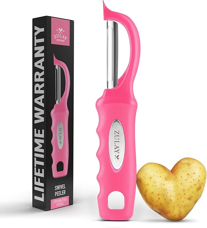 Zulay Kitchen Premium Vegetable Peeler for Kitchen - Swivel Peeler with Razor Sharp Stainless Steel Blades & Strong Ergonomic Handle - Dishwasher Safe, Easy To Use with Blemish Remover - Pink