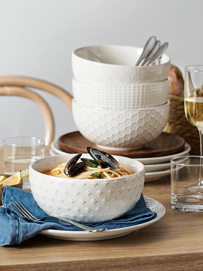 LE TAUCI Large Soup Bowl 42 OZ, Ceramic Kitchen Bowl Set for Soup, Pho, Chip, Pasta, Fruits, Salad, Noodle and Ramen- 7 Inch, Set of 4, Arctic white