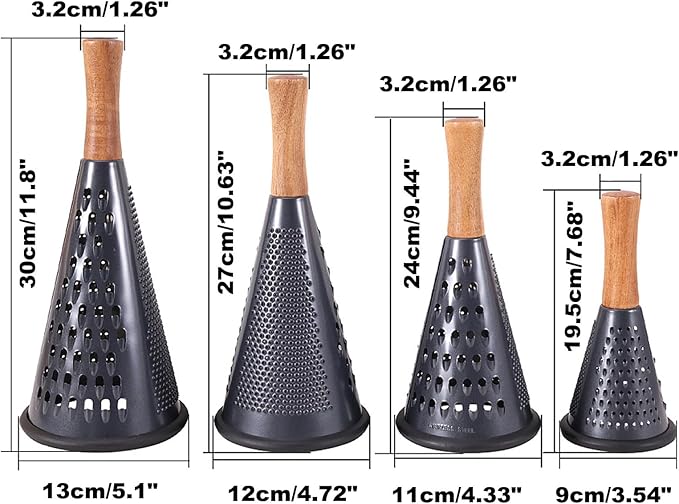 Cone Cheese Grater with Handle Stainless Steel Grater Triple Function Wood Handle Shredder Non-Slip Rubber Bottom Hand Held Multifunction Vegetables Grater Black 4-Size (Size S: 7.7" X 3.5" Black)
