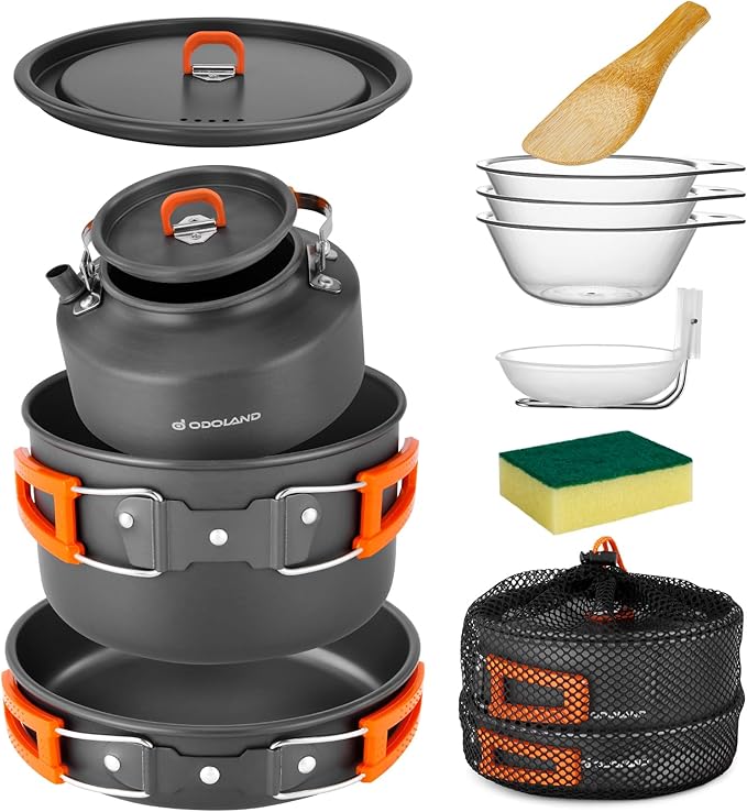 Odoland 10pcs Camping Cookware Camping Pots and Pans Set with Kettle Plastic Bowls and Soup Spoon for Camping, Backpacking, Outdoor Cooking and Picnic
