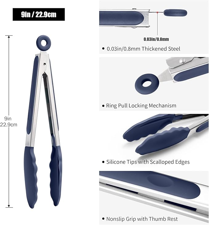 Doosu Kitchen Tongs for Cooking - 600°F Heat Resistant Food Tong with Non-Scratch Silicone Tips, Heavy Duty Stainless Steel Locking Tong for BBQ, Grilling Steak, Serving Salad Pasta (9in, Navy Blue)