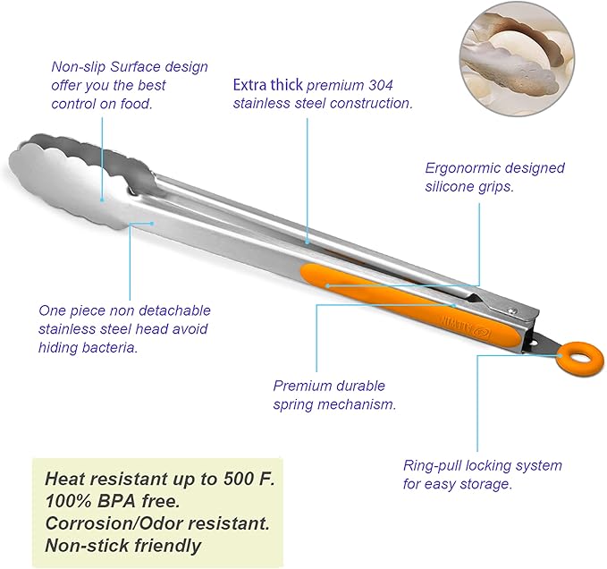 304 Stainless Steel Kitchen Cooking Tongs, 9" and 12" Set of 2 Sturdy Grilling Barbeque Brushed Locking Food Tongs with Ergonomic Grip, Orange