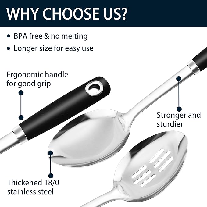 14-in Cooking Spoons Set, Heavy Duty 18/0 Stainless Steel Large Serving Spoons Set, Slotted Spoon, Cooking Spoon & Soup Ladle, Commercial and Residential Use, Pack of 3