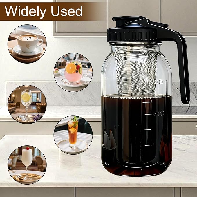 Cold Brew Coffee Maker, 64oz Iced Coffee Tea Pitcher with Stainless Steel Filter & Coffee Mat, 1/2 Gallon Heavy Duty Glass Mason Jar Cold Brew Maker with Pour Spout Handle Lid, 2 Brushes, Leak-Proof