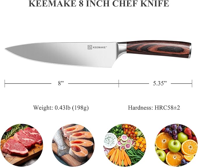 KEEMAKE Chef Knife 8 inch - Sharp Kitchen Knife High Carbon Stainless Steel Blade, Gyuto Knife Ergonomic Wood Handle, Professional Chef’s Knife for Home Kitchen and restaurant