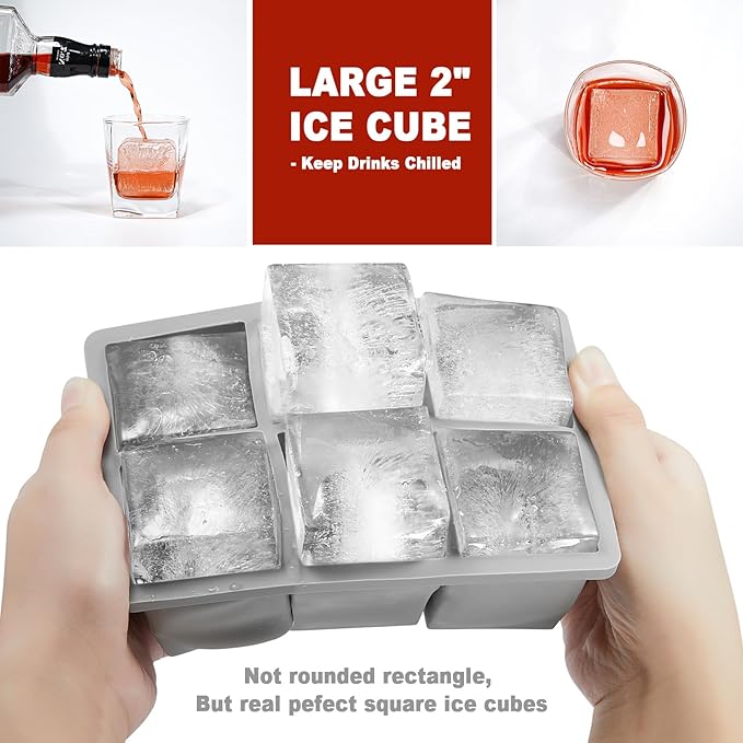 Nax Caki Ice Cube Trays 3 Pack for Whiskey, Large Square Silicone Ice Cube Molds for Whiskey Ice Cube Maker for Cocktail Old Fashioned 2inch Ice Cube Tray