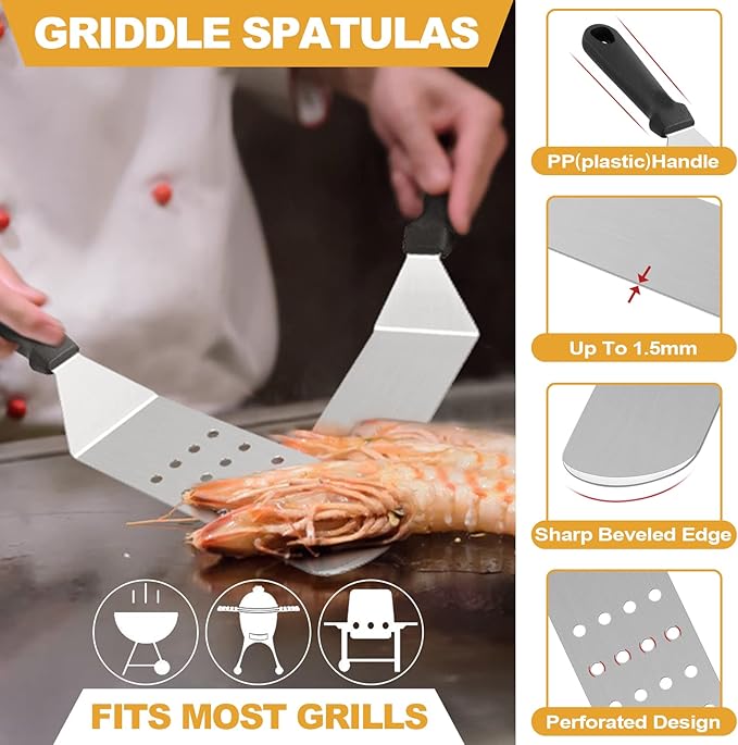 HaSteeL Griddle Accessories Kit of 5, Heavy Duty Metal Spatula, Professional Stainless Steel Flat Top Griddle Tools Set, Pancake Flipper/Griddle Scraper/Hamburger Turner for BBQ Grilling Cast Iron