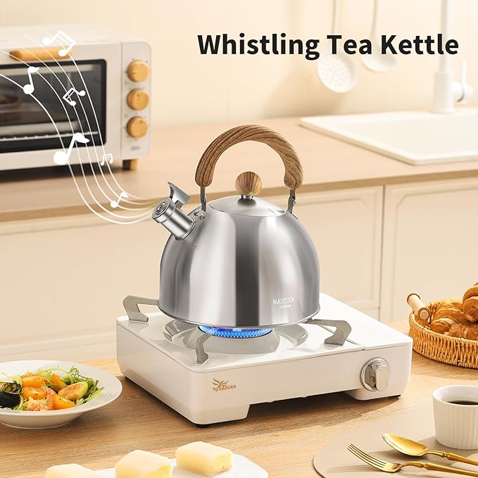 18/8 Stainless Steel Tea Kettle for Stovetop (2L / 2.1 Quart Whistling Tea Pot, Wood Handle)-Silver