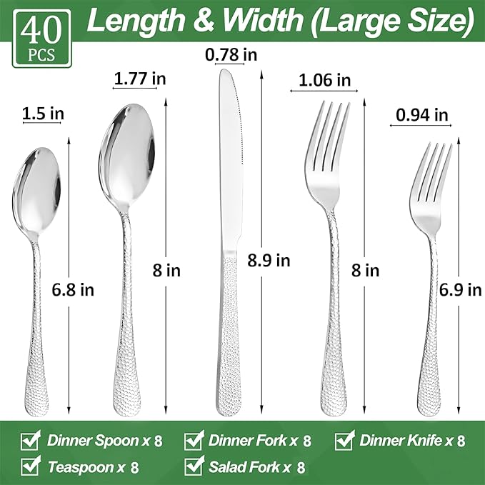 40 Pcs Silverware Set for 8 with Hammered Design, Food Grade Stainless Steel Flatware Set, Eating Utensils Sets Include Fork/Knife/Spoon, Reusable Cutlery Set, Dishwasher Safe