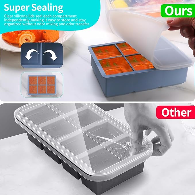 1/2 Cup Silicone Freezer Tray With Lid,Silicone Freezer Molds 3-Pack For meal prep & freezing of various sauces and other dishes, makes 18 perfect 1/2 cup portions cubes (Multicolor 3 Pack)