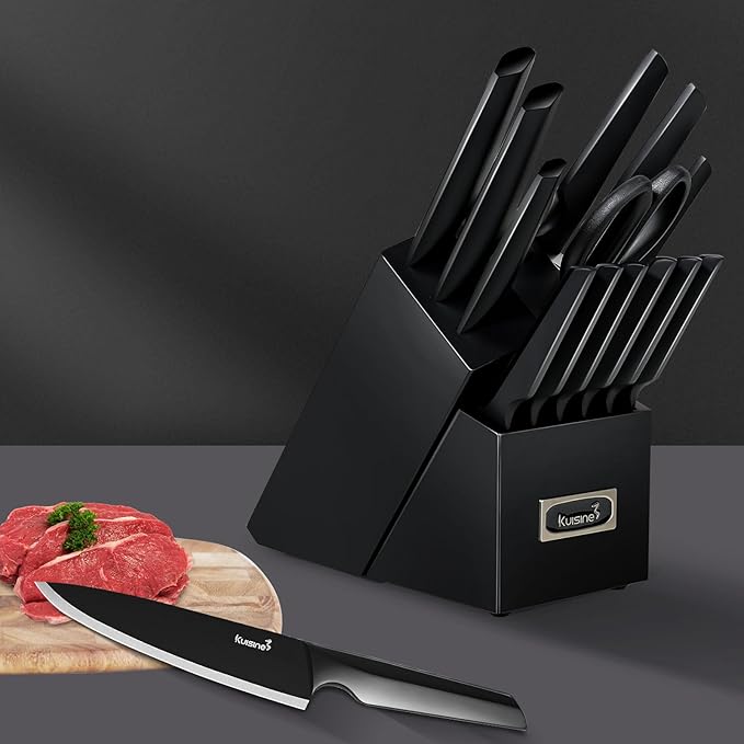 Kuisine Premium Knife Set,One-piece Steel Molding,High Carbon Stainless Steel Ultra Sharp,Non-slip Ergonomic Solid Steel Handle,Built-in Sharpener Knife Block Set,Luxury Gift(15PCS,BlackPro EX)