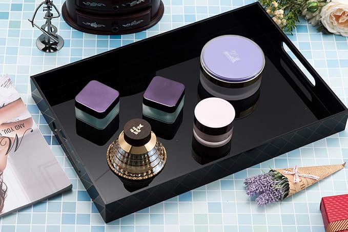 Glossy Black Sturdy Acrylic Serving Tray with Handles-12x16Inch-Serving Coffee,Appetizer,Breakfast,Butler-Kitchen Countertop Tray-Makeup Drawer Organizer-Vanity Table,Ottoman Trays-DecorativeTray