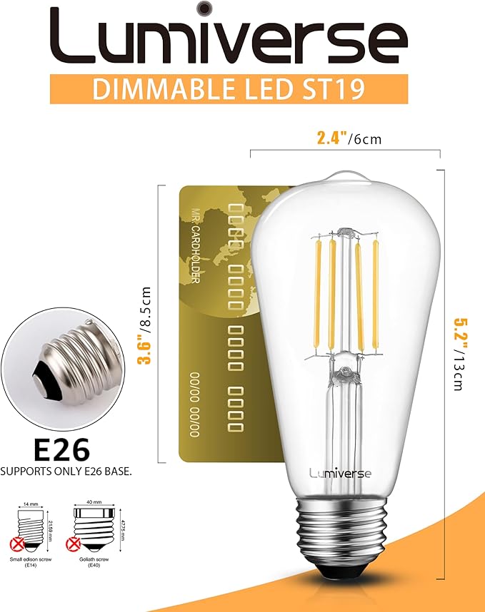 Lumiverse Edison Bulbs 60W Equivalent, Dimmable LED Light Bulbs, CRI 90+, Vintage E26 Lightbulbs, 2700K Warm White, ST19 ST58, 5.5W, Antique Clear Glass, 6 Pack