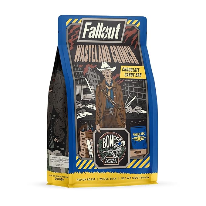 Bones Coffee Company Fallout Wasteland Crunch,Chocolate Candy Bar Flavored Coffee, Medium Roast Low Acid Arabica Beans Compatible with Auto drip and French Press Coffee Maker, 12 Oz Whole Bean