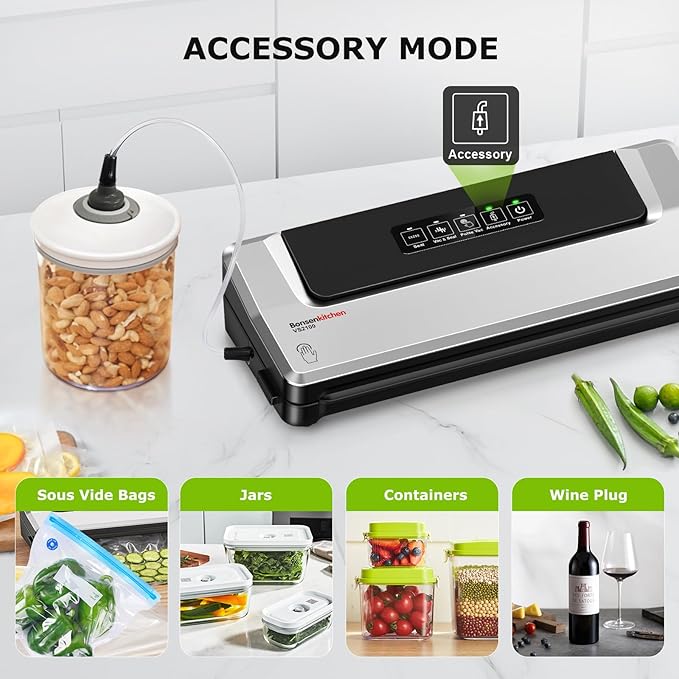 Bonsenkitchen Vacuum Sealer Machine with 40 Bags | Compact Food Sealer for Kitchen Storage & Meal Prep | Multiple Modes | External Vacuum System, Silver