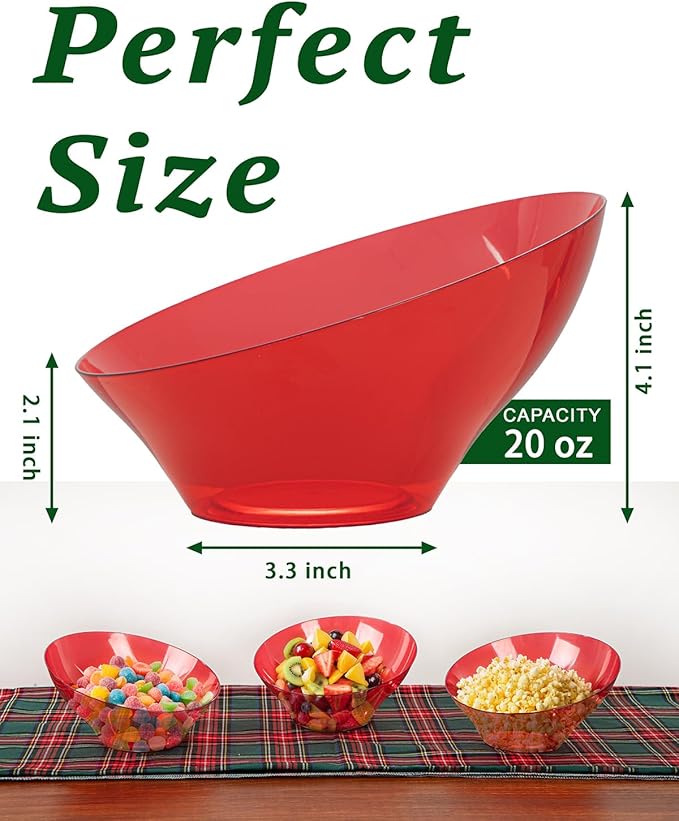 bUCLA 12 Pack Clear Red Plastic Serving Bowls - 20 OZ Christmas Angled Serving Bowls Disposable for Chip, Candy, Salad & Fruit - Ideal for X’mas Party