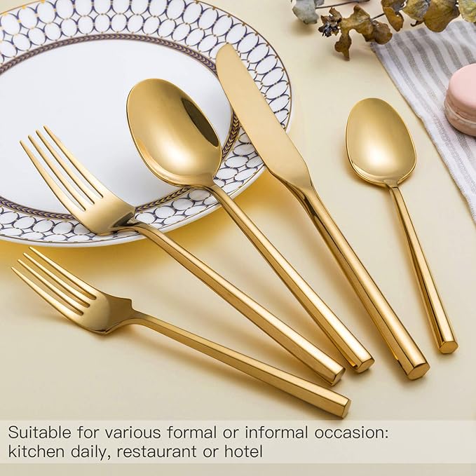 Gold Silverware Set Flatware Set Stainless Steel Cutlery Set 40 Pieces Hexagon Handle Home Kitchen Daily Use Service for 8