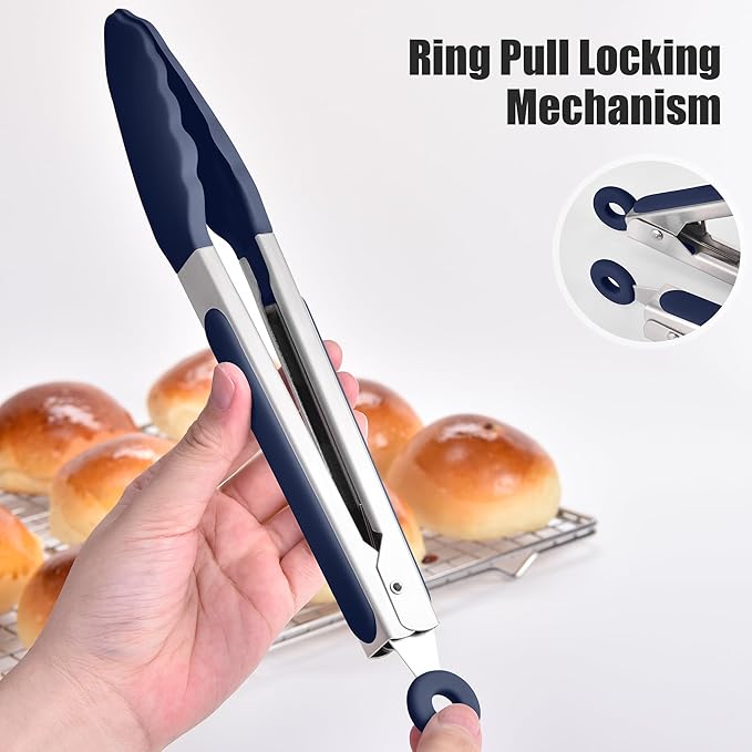 Doosu Kitchen Tongs for Cooking - 600°F Heat Resistant Food Tong with Non-Scratch Silicone Tips, Heavy Duty Stainless Steel Locking Tong for BBQ, Grilling Steak, Serving Salad Pasta (9in, Navy Blue)